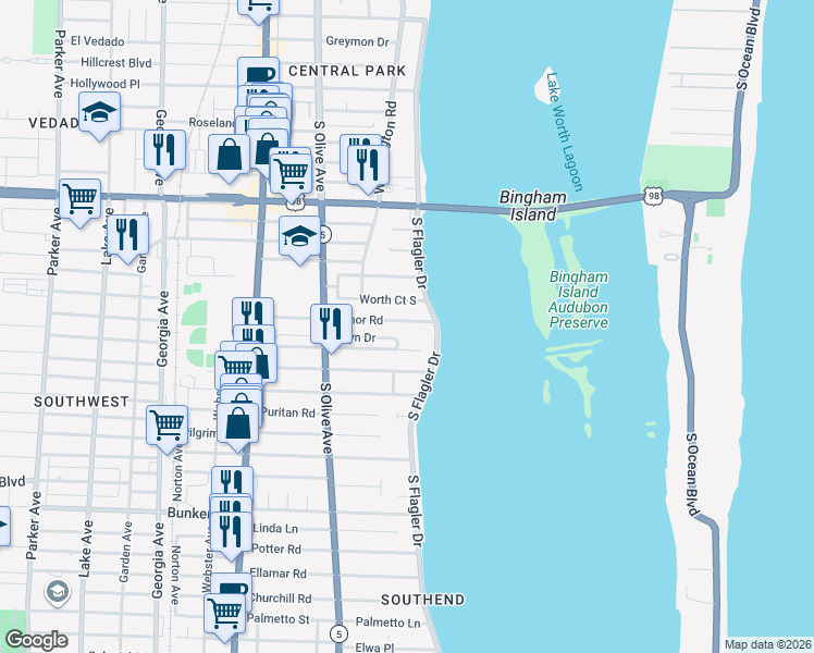 map of restaurants, bars, coffee shops, grocery stores, and more near 122 Edmor Road in West Palm Beach
