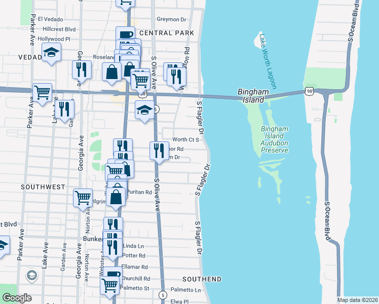 map of restaurants, bars, coffee shops, grocery stores, and more near 122 Edmor Road in West Palm Beach