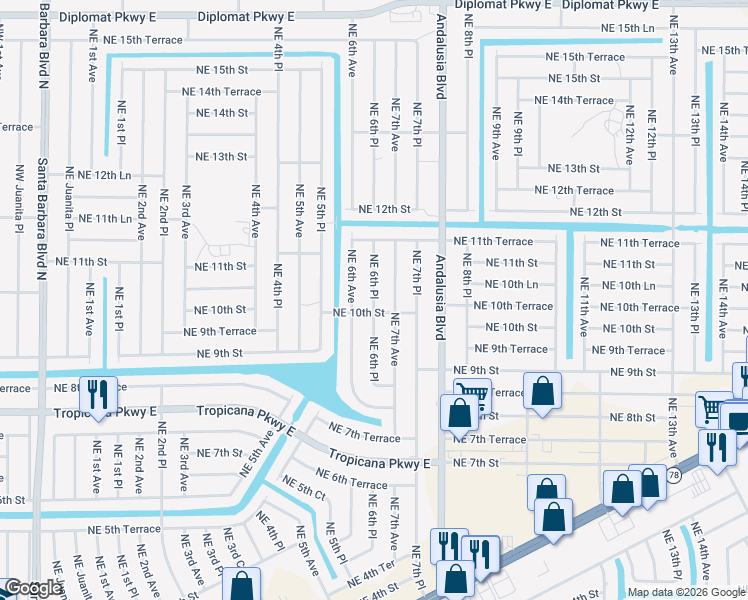 map of restaurants, bars, coffee shops, grocery stores, and more near 1007 Northeast 6th Place in Cape Coral