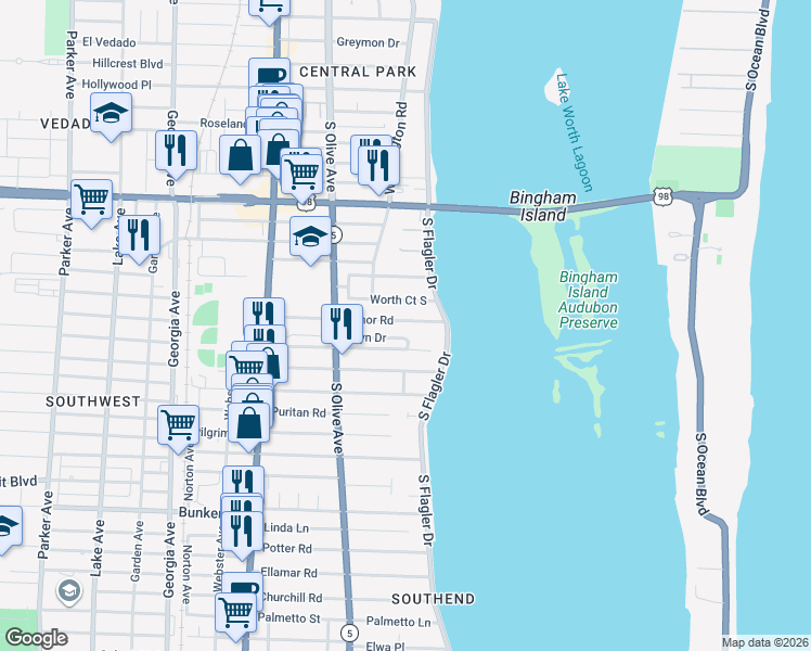 map of restaurants, bars, coffee shops, grocery stores, and more near 122 Edmor Road in West Palm Beach