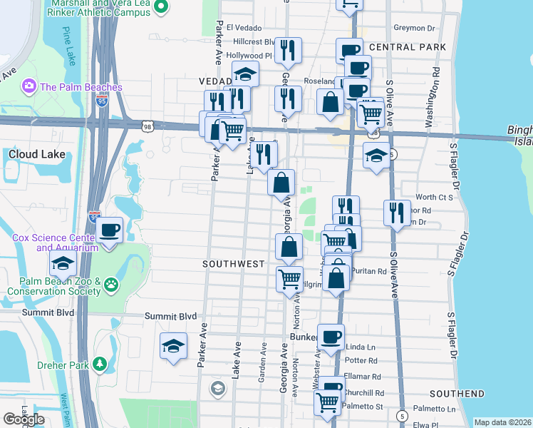 map of restaurants, bars, coffee shops, grocery stores, and more near 701 Dobbins Street in West Palm Beach