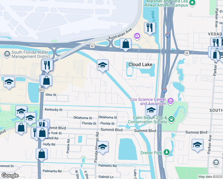 map of restaurants, bars, coffee shops, grocery stores, and more near 2385 Ranch House Road in West Palm Beach