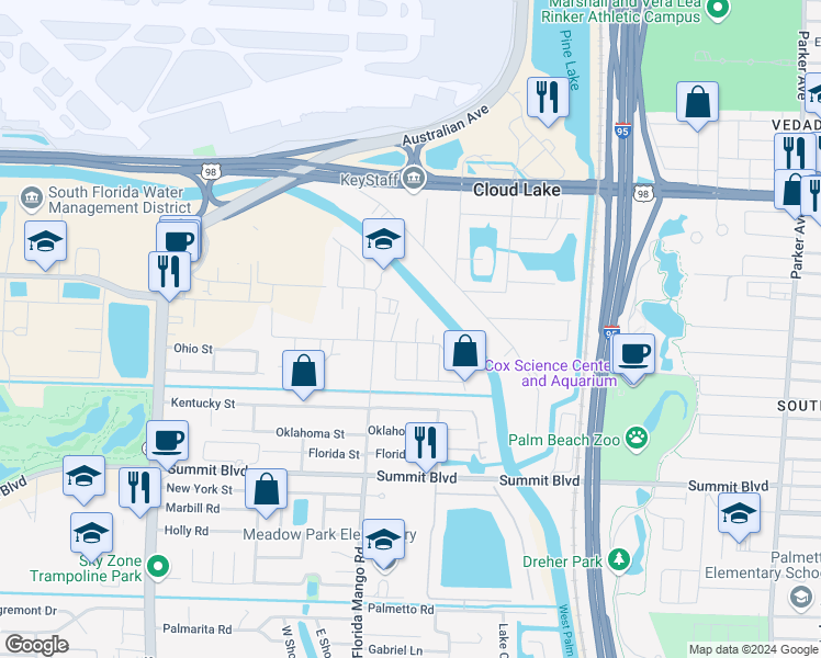 map of restaurants, bars, coffee shops, grocery stores, and more near 2385 Ranch House Road in West Palm Beach