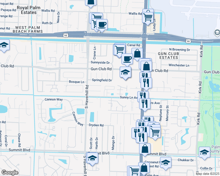 map of restaurants, bars, coffee shops, grocery stores, and more near 4781 Sunny Palm Circle in West Palm Beach