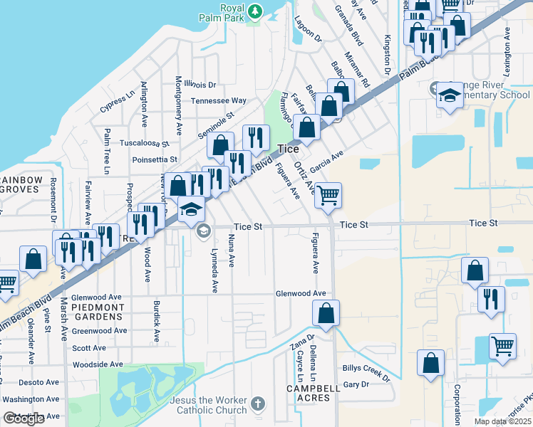 map of restaurants, bars, coffee shops, grocery stores, and more near 477 Carolina Avenue in Fort Myers