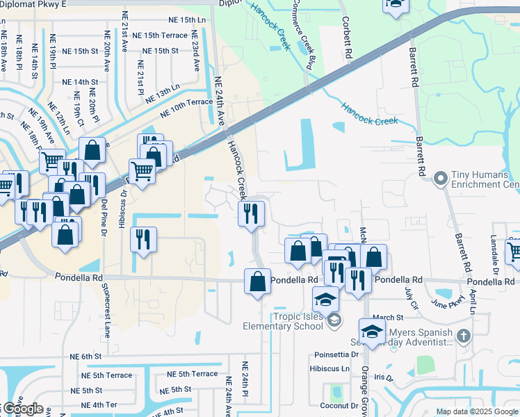 map of restaurants, bars, coffee shops, grocery stores, and more near 1085 Hancock Creek South Boulevard in Cape Coral