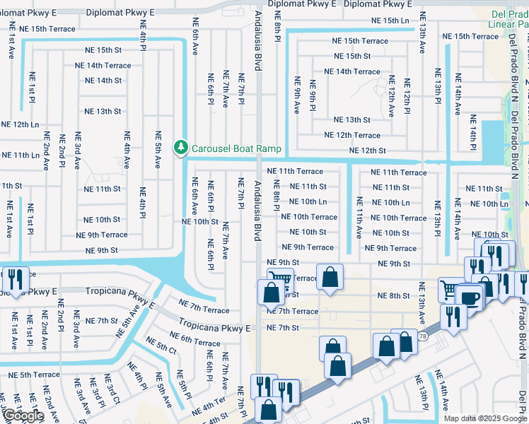 map of restaurants, bars, coffee shops, grocery stores, and more near 1019 Andalusia Boulevard in Cape Coral