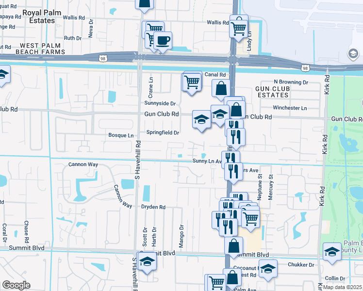 map of restaurants, bars, coffee shops, grocery stores, and more near 4781 Sunny Palm Circle in West Palm Beach