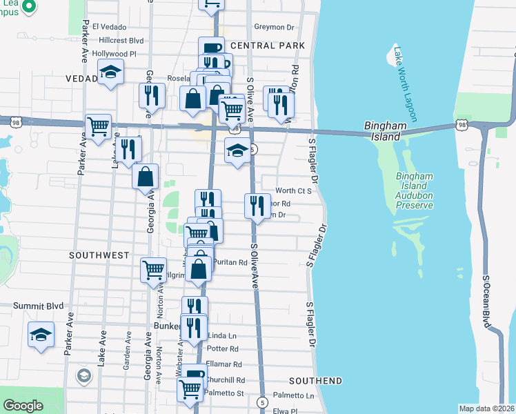 map of restaurants, bars, coffee shops, grocery stores, and more near 266 Edmor Road in West Palm Beach