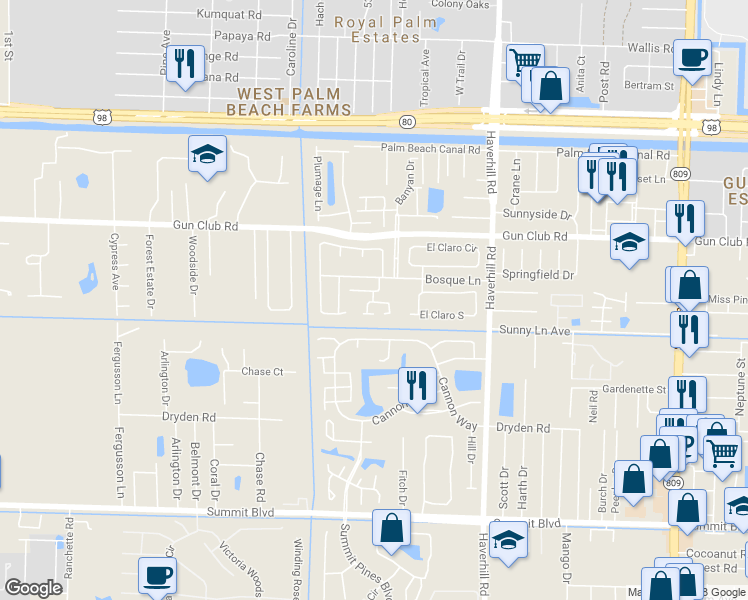 map of restaurants, bars, coffee shops, grocery stores, and more near 5272 Bosque Lane in West Palm Beach