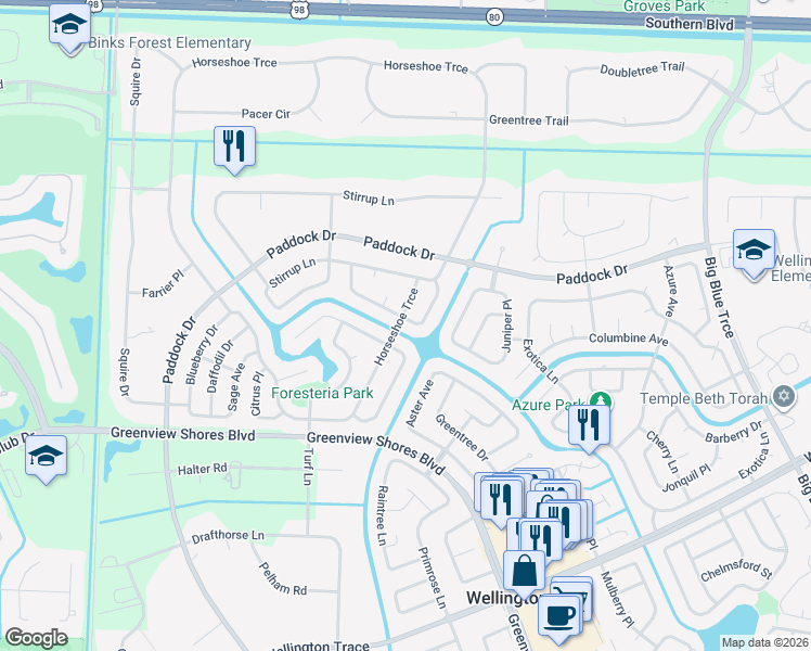 map of restaurants, bars, coffee shops, grocery stores, and more near 14278 Blackberry Drive in Wellington
