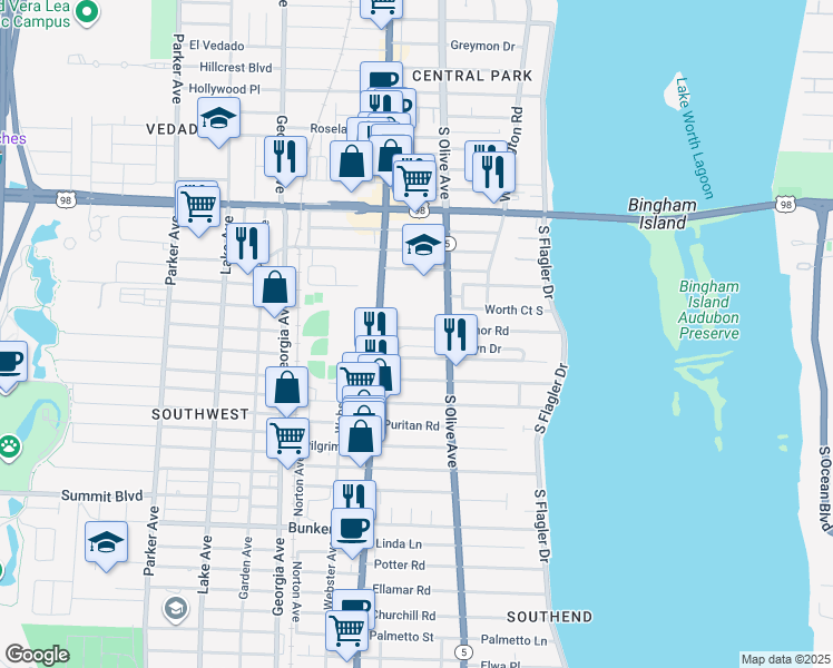 map of restaurants, bars, coffee shops, grocery stores, and more near 328 Edmor Road in West Palm Beach