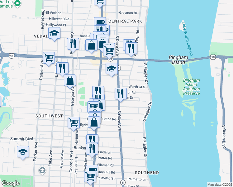 map of restaurants, bars, coffee shops, grocery stores, and more near 266 Edmor Road in West Palm Beach