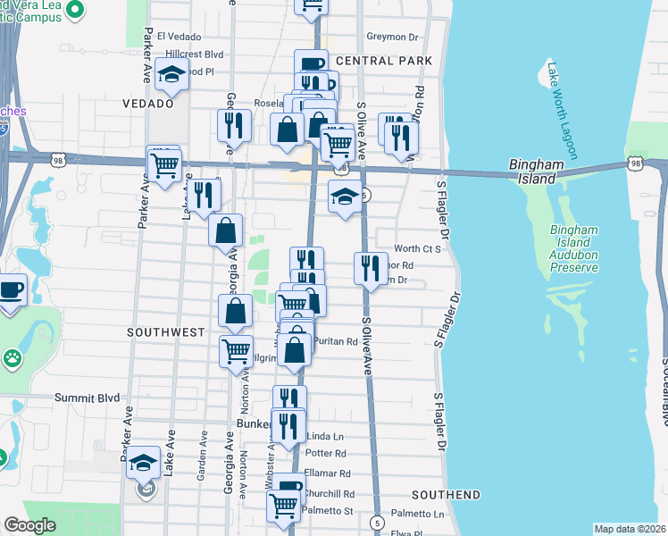 map of restaurants, bars, coffee shops, grocery stores, and more near 328 Edmor Road in West Palm Beach