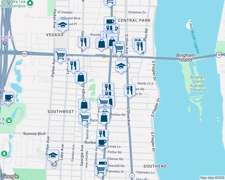 map of restaurants, bars, coffee shops, grocery stores, and more near 4600 South Dixie Highway in West Palm Beach