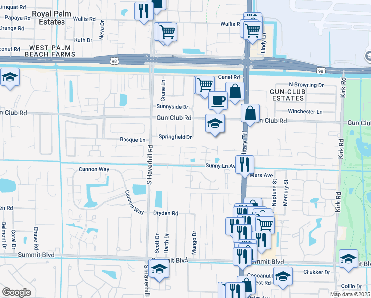 map of restaurants, bars, coffee shops, grocery stores, and more near 4840 Royal Court South in West Palm Beach