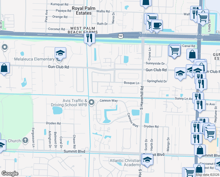 map of restaurants, bars, coffee shops, grocery stores, and more near 5284 Bosque Lane in West Palm Beach