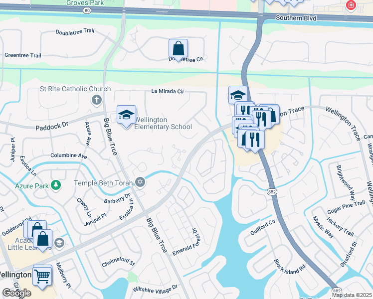 map of restaurants, bars, coffee shops, grocery stores, and more near 12999 Odessa Trail in Wellington