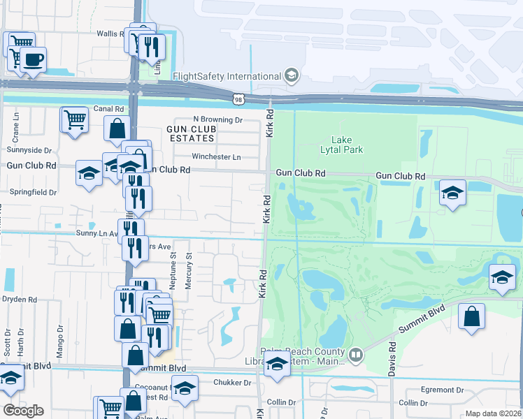 map of restaurants, bars, coffee shops, grocery stores, and more near 395 Kirk Road in West Palm Beach