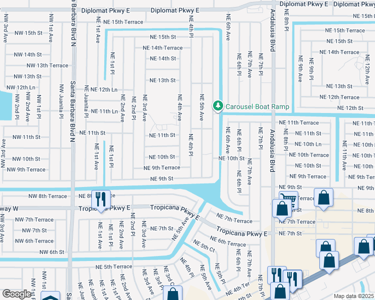 map of restaurants, bars, coffee shops, grocery stores, and more near 1008 Northeast 4th Place in Cape Coral