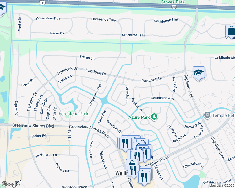 map of restaurants, bars, coffee shops, grocery stores, and more near 645 Carnation Court in Wellington