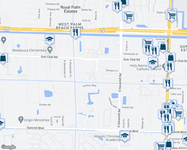 map of restaurants, bars, coffee shops, grocery stores, and more near 5284 Bosque Lane in West Palm Beach
