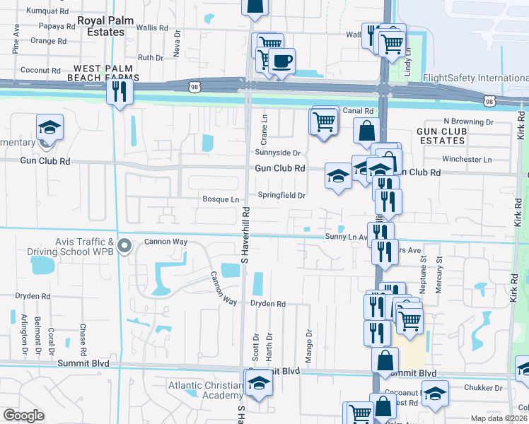 map of restaurants, bars, coffee shops, grocery stores, and more near 4934 Royal Court North in West Palm Beach