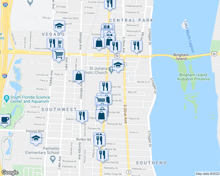 map of restaurants, bars, coffee shops, grocery stores, and more near 354 Edmor Road in West Palm Beach