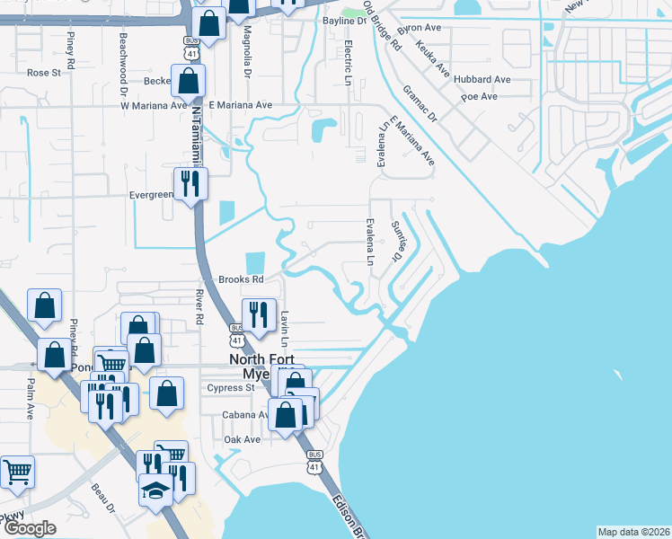 map of restaurants, bars, coffee shops, grocery stores, and more near 158 Dow Lane in North Fort Myers
