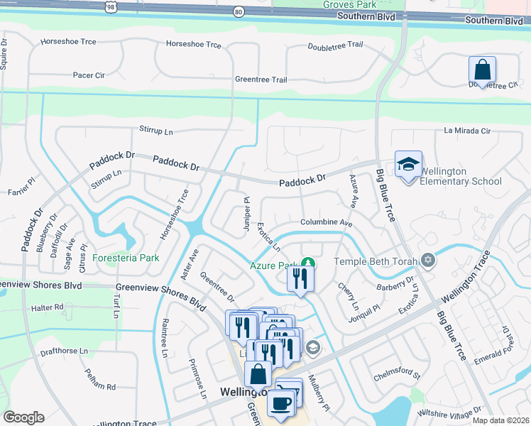map of restaurants, bars, coffee shops, grocery stores, and more near 13726 Exotica Lane in Wellington