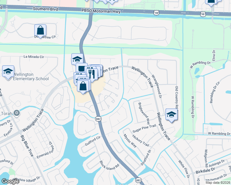 map of restaurants, bars, coffee shops, grocery stores, and more near 404 Park Forest Way in Wellington