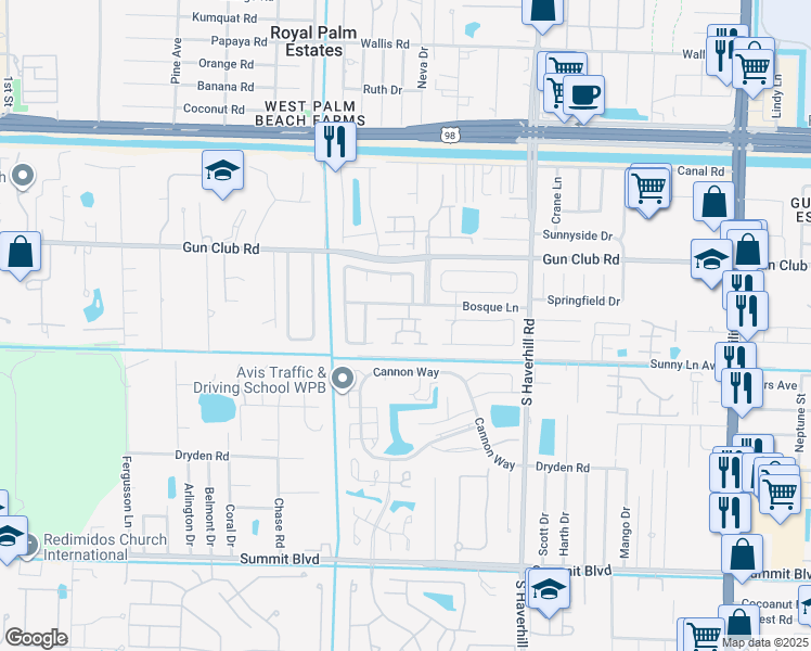 map of restaurants, bars, coffee shops, grocery stores, and more near 5320 Bosque Lane in West Palm Beach