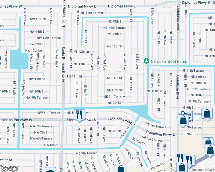 map of restaurants, bars, coffee shops, grocery stores, and more near 310 Northeast 10th Terrace in Cape Coral