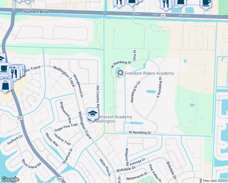 map of restaurants, bars, coffee shops, grocery stores, and more near 642 South Rambling Drive in Wellington