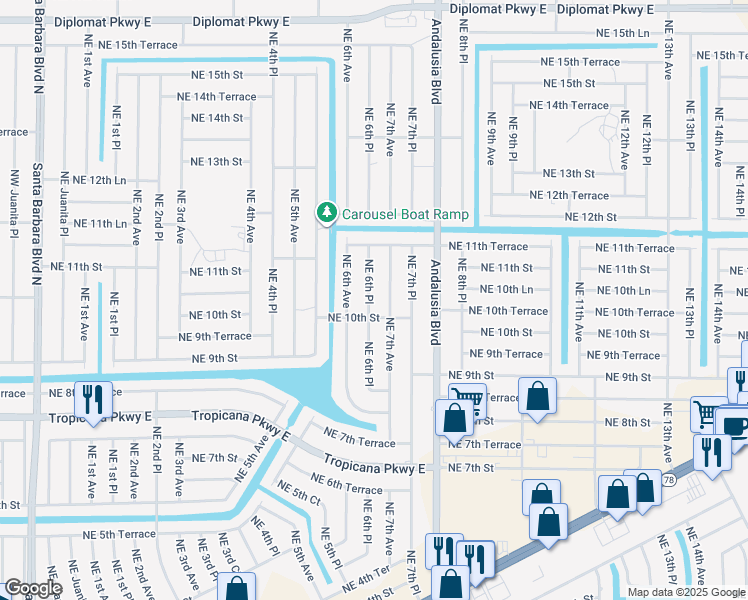 map of restaurants, bars, coffee shops, grocery stores, and more near 1011 Northeast 6th Place in Cape Coral
