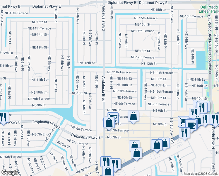 map of restaurants, bars, coffee shops, grocery stores, and more near 1019 Andalusia Boulevard in Cape Coral