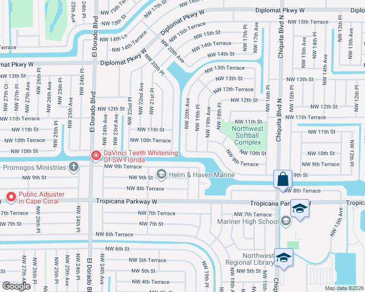 map of restaurants, bars, coffee shops, grocery stores, and more near 1008 Northwest 20th Avenue in Cape Coral