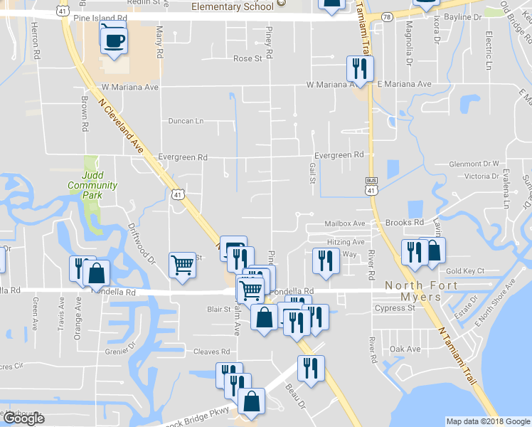 map of restaurants, bars, coffee shops, grocery stores, and more near 1349 Piney Road in North Fort Myers