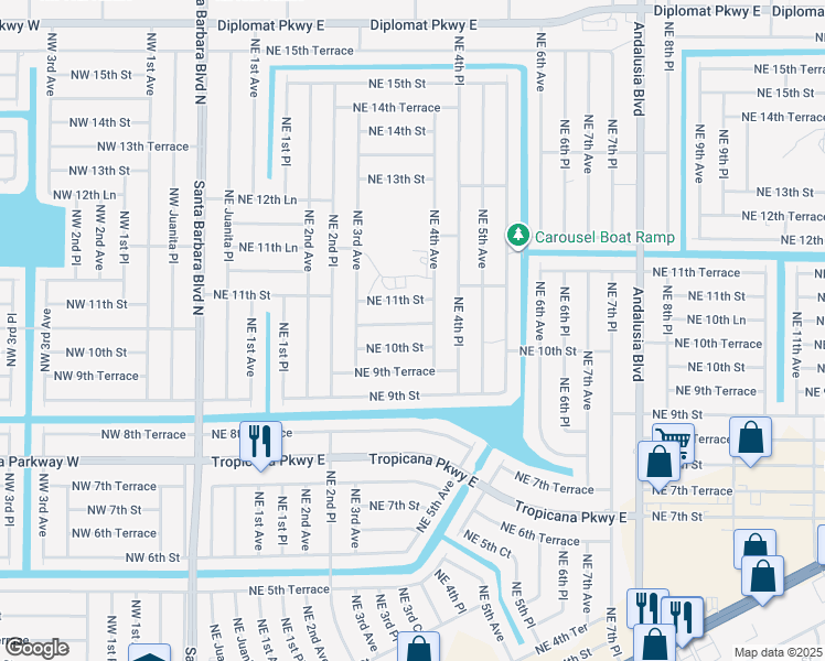 map of restaurants, bars, coffee shops, grocery stores, and more near 334 Northeast 10th Terrace in Cape Coral
