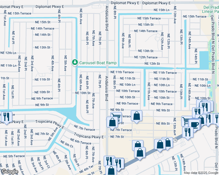 map of restaurants, bars, coffee shops, grocery stores, and more near 1019 Andalusia Boulevard in Cape Coral