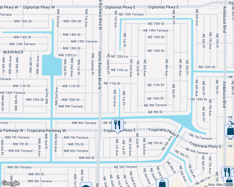 map of restaurants, bars, coffee shops, grocery stores, and more near 1011 Northeast 1st Avenue in Cape Coral