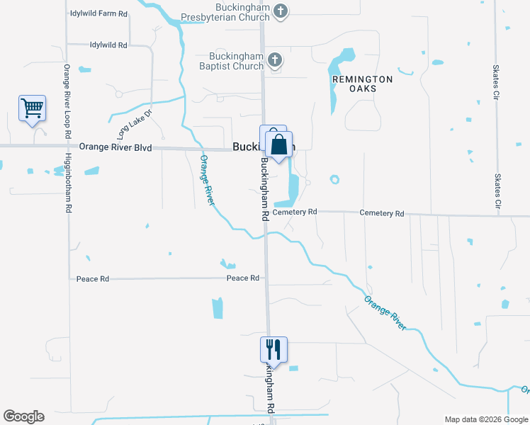 map of restaurants, bars, coffee shops, grocery stores, and more near Buckingham Rd & Cemetery Rd in Buckingham