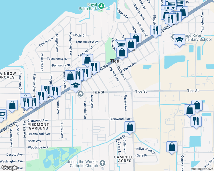 map of restaurants, bars, coffee shops, grocery stores, and more near 477 Carolina Avenue in Fort Myers