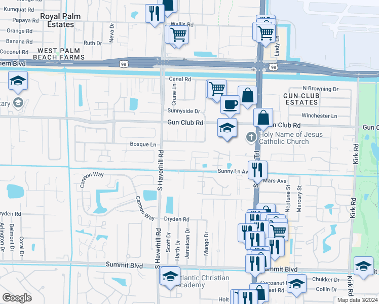map of restaurants, bars, coffee shops, grocery stores, and more near 4840 Royal Court North in West Palm Beach