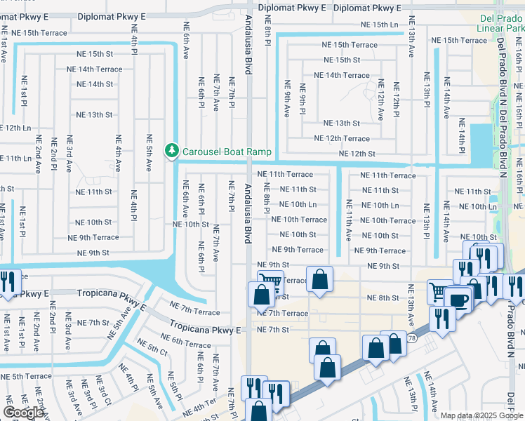 map of restaurants, bars, coffee shops, grocery stores, and more near 1019 Andalusia Boulevard in Cape Coral
