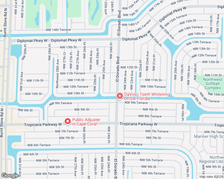 map of restaurants, bars, coffee shops, grocery stores, and more near 1007 Northwest 24th Place in Cape Coral