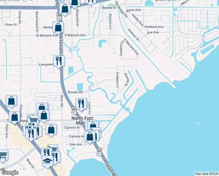map of restaurants, bars, coffee shops, grocery stores, and more near 158 Dow Lane in North Fort Myers