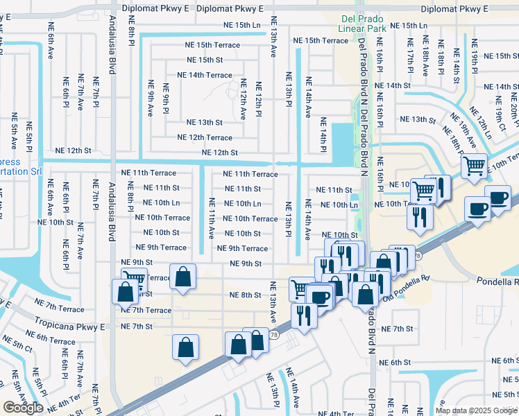 map of restaurants, bars, coffee shops, grocery stores, and more near 1216 Northeast 10th Lane in Cape Coral