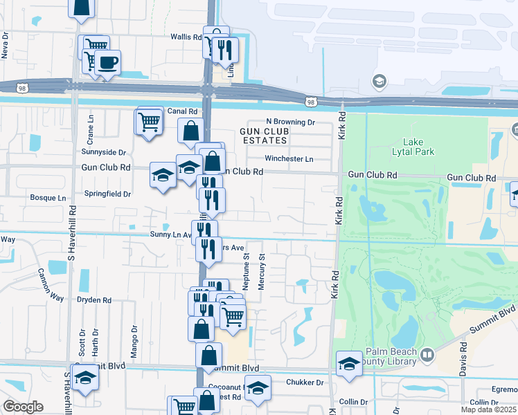 map of restaurants, bars, coffee shops, grocery stores, and more near 4293 Miss Piney Road in West Palm Beach