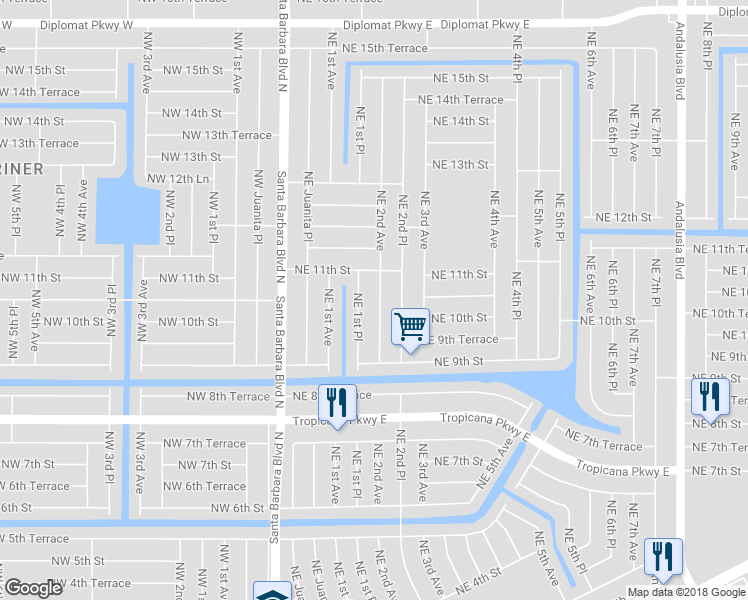 map of restaurants, bars, coffee shops, grocery stores, and more near 1014 Northeast 2nd Avenue in Cape Coral